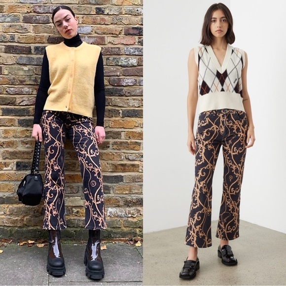 GANNI 90s Baroque Logo Print Denim High Rise Cropped Bootcut Flare Leg Jeans 26 - Picture 1 of 16